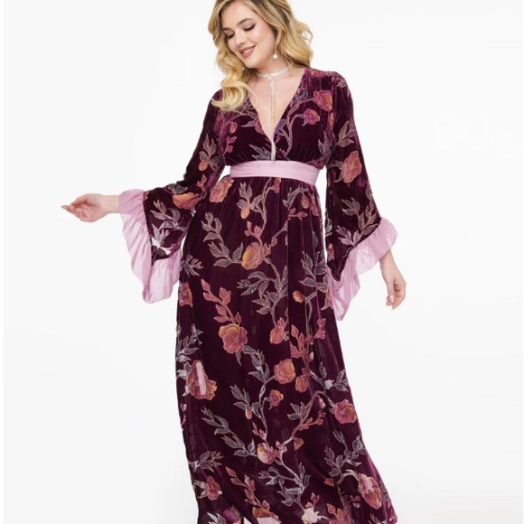 Floral Velvet Burnout Maxi Dress with Bell Sleeves - Picture 1 of 5